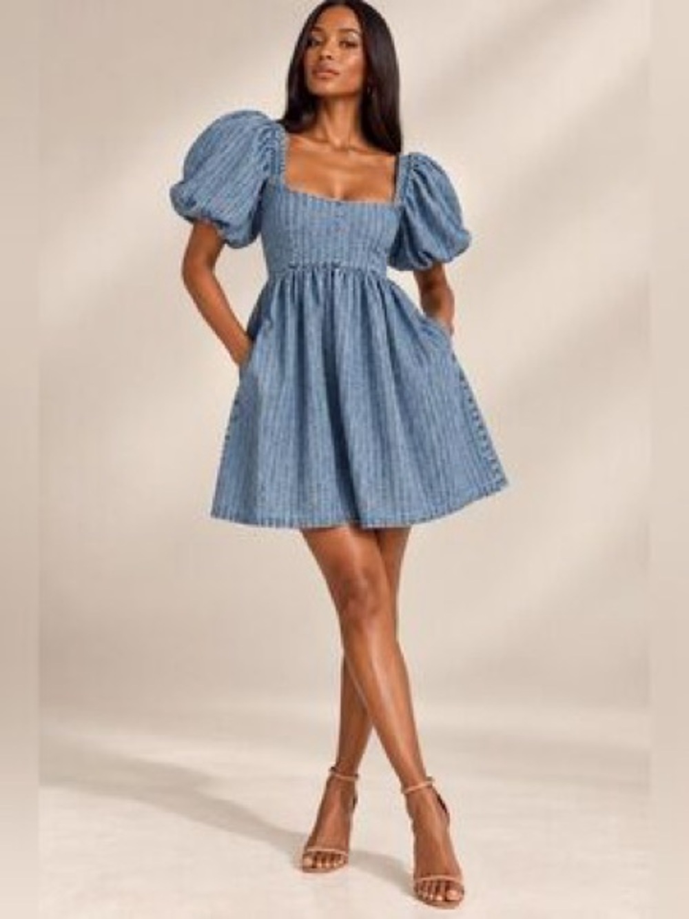 Smocked Square-Neck Puff Sleeve Dress - Blue